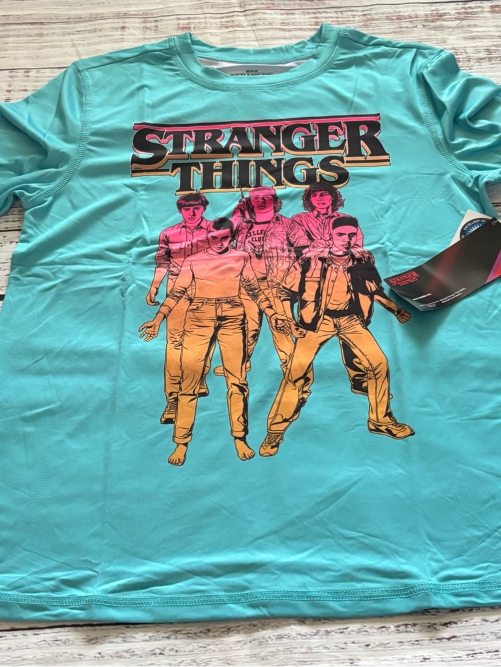 Netflix Stranger Things Tee in Aqua with Pink and Orange Neon Accents